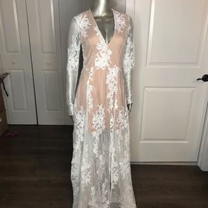 NEW lace nude mesh long sleeve boho maxi gown